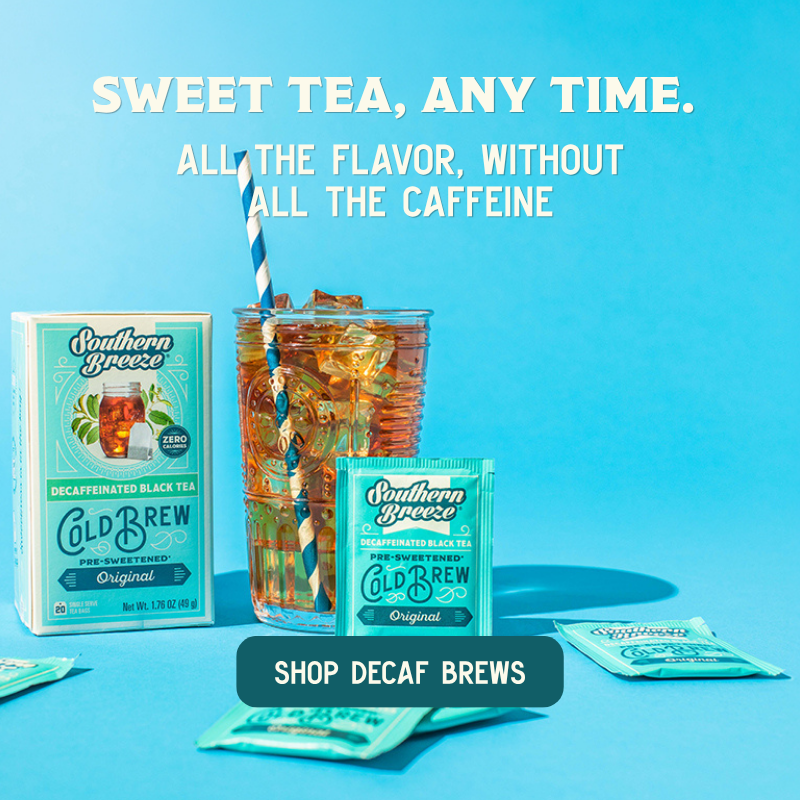 Southern Breeze Decaf Cold Brew tea packaging on a bright blue background, including a box, a tall glass of iced tea with a straw, a small tea envelope, and a few loose packets. Large text reads 'SWEET TEA, ANY TIME.