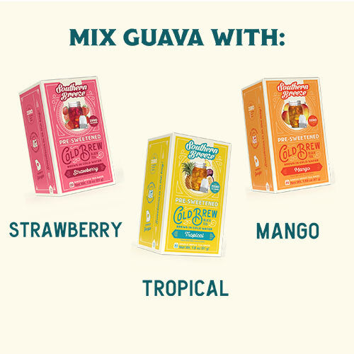 Three boxes of Southern Breeze pre-sweetened cold brew tea with flavor options listed below. Strawberry, Tropical, and Mango.