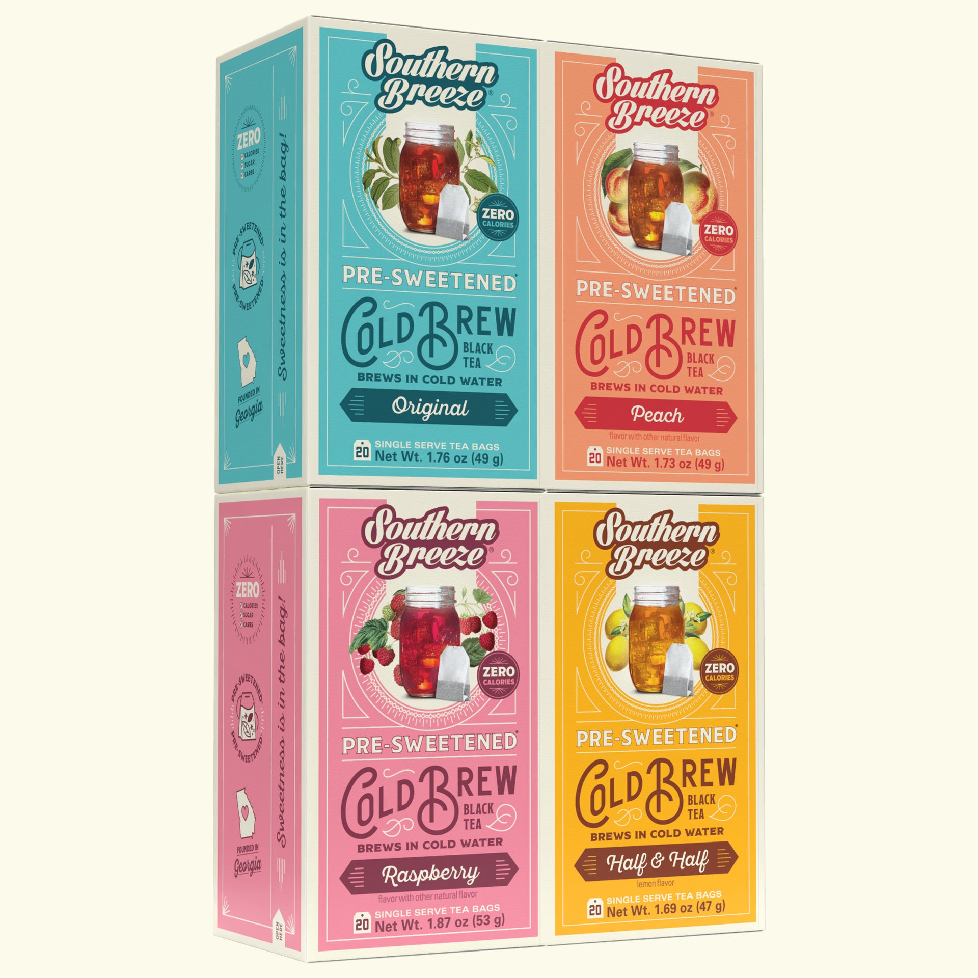 Four Southern Breeze Cold Brew Tea boxes arranged in a 2x2 grid on a light cream background. The boxes are colored teal, peach, pink, and yellow, each showing a different flavor: Original, Peach, Raspberry, and Half & Half