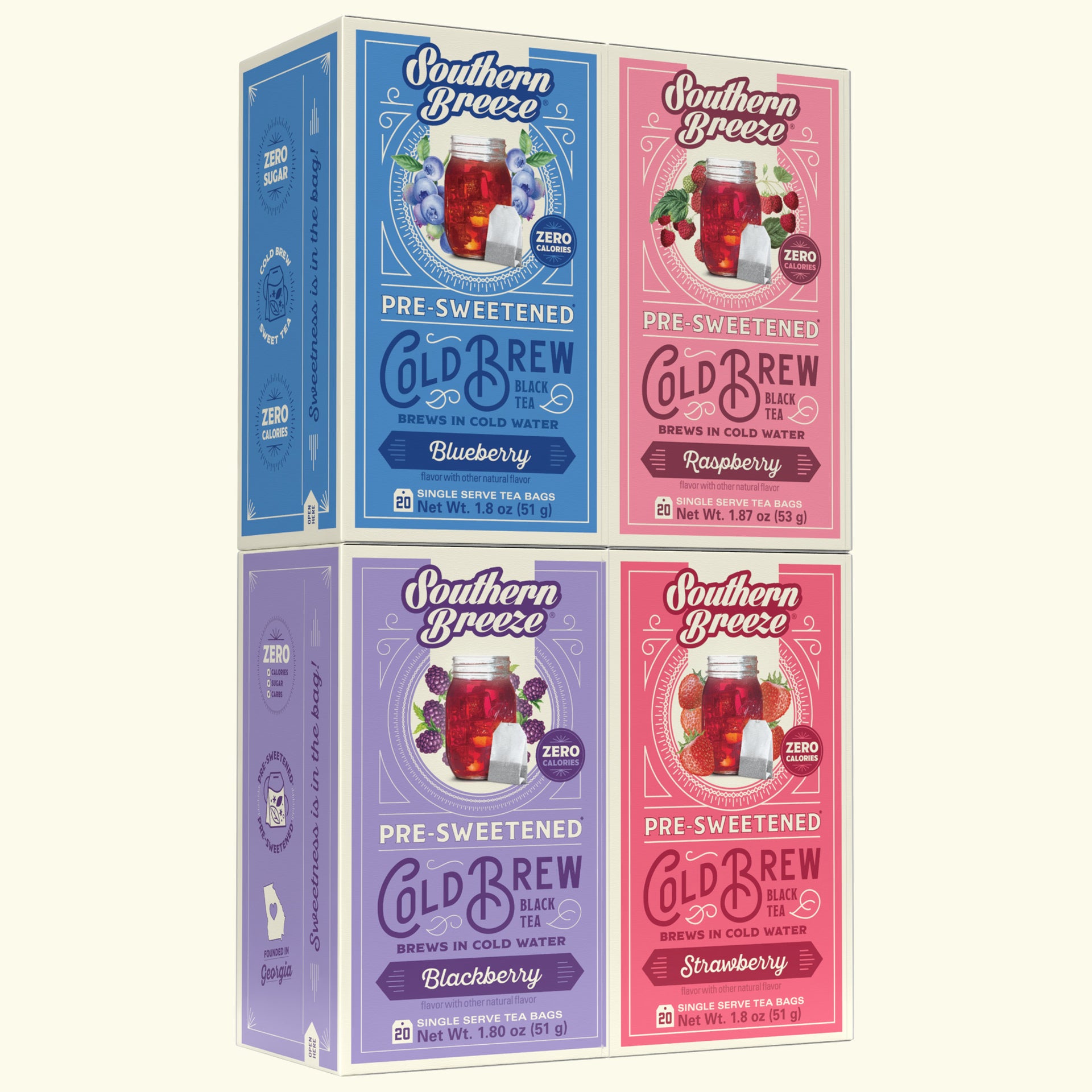 Four Southern Breeze Cold Brew tea boxes arranged in a 2x2 grid on a light cream background. The boxes are blue, pink, and purple, representing Blueberry, Raspberry, Blackberry, and Strawberry flavors, respectively.