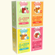 Four Southern Breeze Cold Brew tea boxes arranged in a 2x2 grid on a light cream background. The boxes are in Guava, Mango, Tropical, and Watermelon flavors