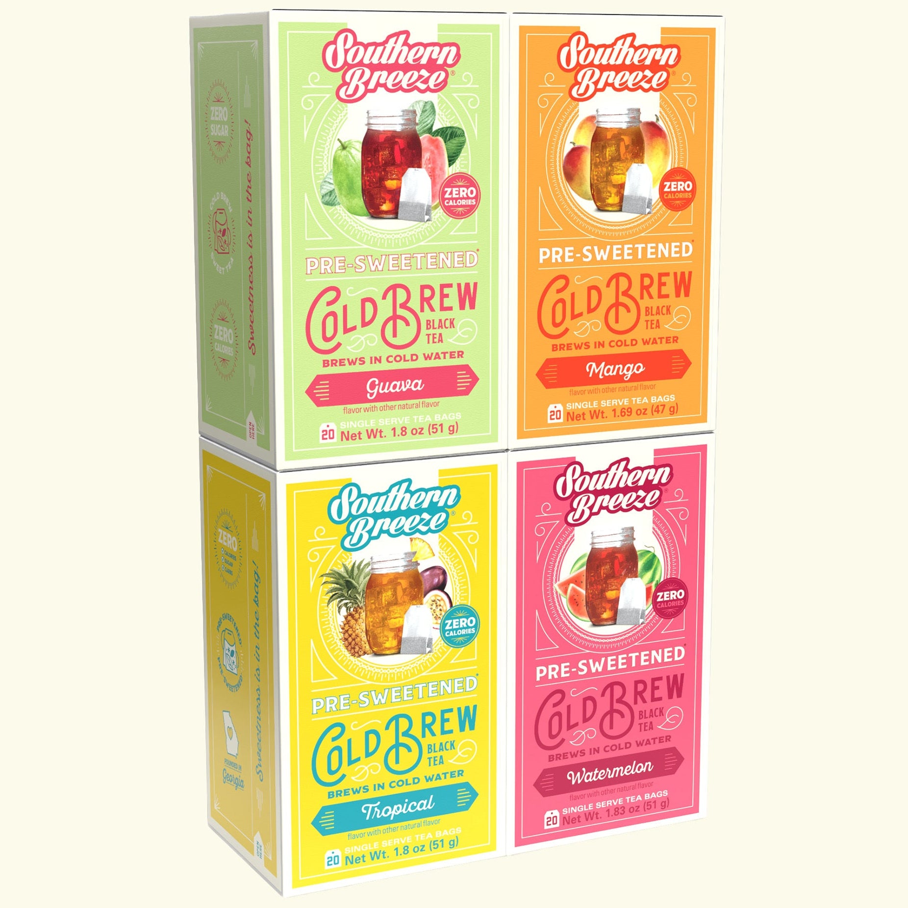 Four Southern Breeze Cold Brew tea boxes arranged in a 2x2 grid on a light cream background. The boxes are in Guava, Mango, Tropical, and Watermelon flavors