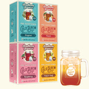 Four Southern Breeze Cold Brew tea boxes arranged in a 2x2 grid next to a glass mason jar filled with iced tea, on a light cream background. Flavors are Original, Peach, Raspberry, and Half & Half