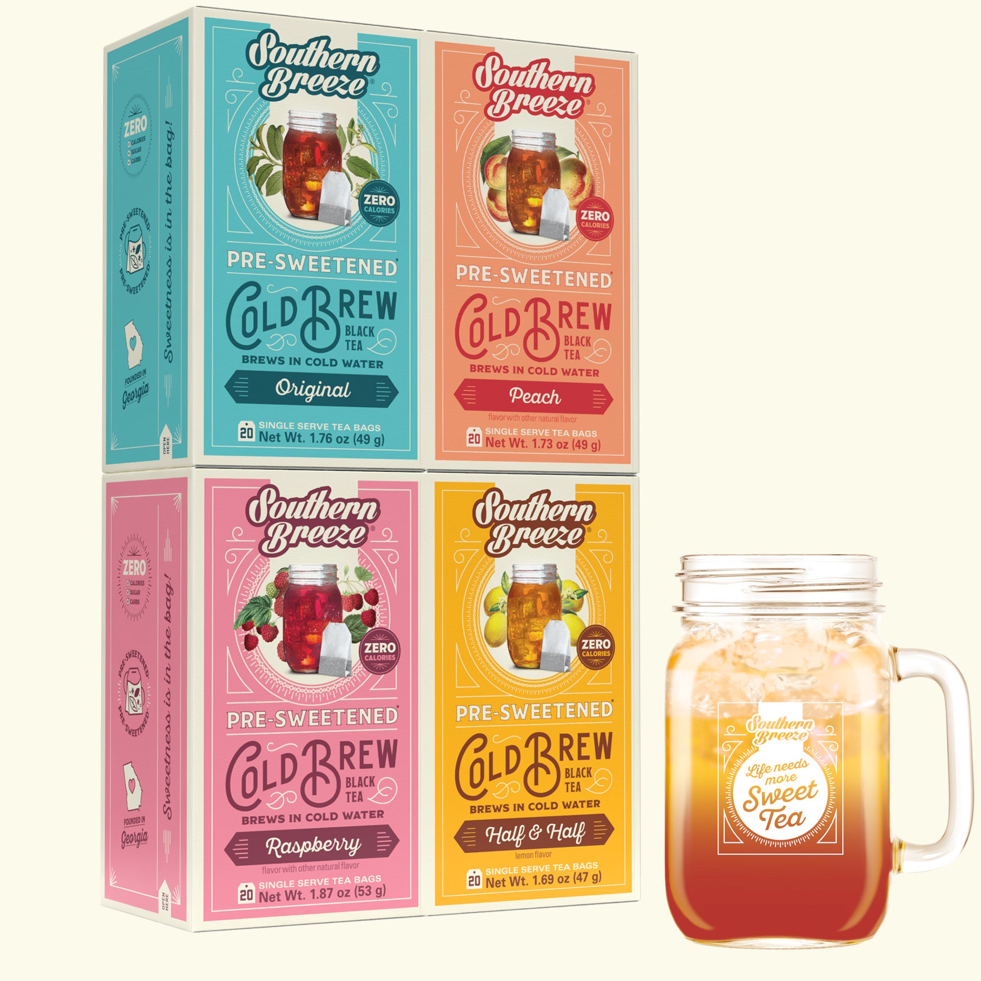 Four Southern Breeze Cold Brew tea boxes arranged in a 2x2 grid next to a glass mason jar filled with iced tea, on a light cream background. Flavors are Original, Peach, Raspberry, and Half & Half