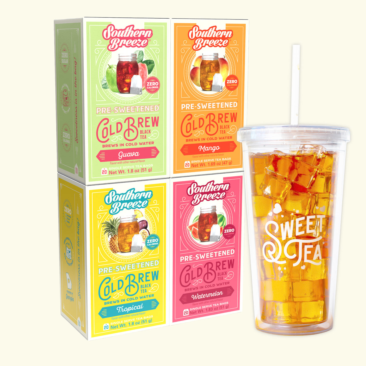 Four Southern Breeze Cold Brew tea boxes arranged in a 2x2 grid on a light cream background. The boxes are in Guava, Mango, Tropical, and Watermelon flavors, next to a clear plastic cup with a lid that says "Sweet Tea" and is full of sweet tea and ice.