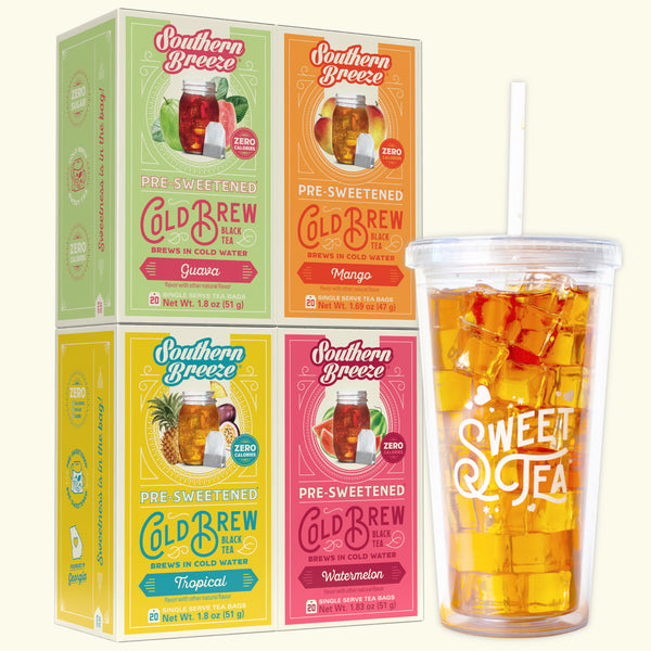 Southern Breeze Cold Brew tea boxes in Guava, Mango, and Tropical flavors shown next to a clear plastic cup filled with iced tea and ice on a light cream background.