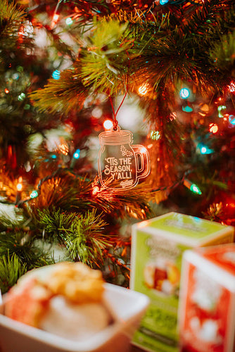 mason jar shaped holiday ornament that reads 'Tis the season y'all