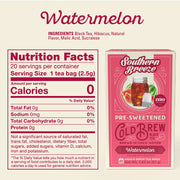 Southern Breeze Watermelon pre-sweetened cold brew tea package with nutrition facts label on a beige background