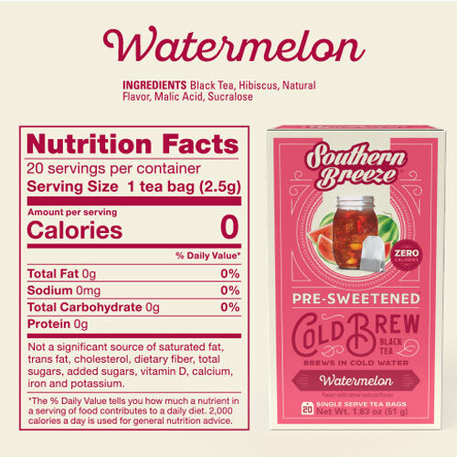 Southern Breeze Watermelon pre-sweetened cold brew tea package with nutrition facts label on a beige background
