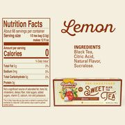 Nutrition facts and ingredients label for Southern Breeze Lemon Sweet Tea on a beige background