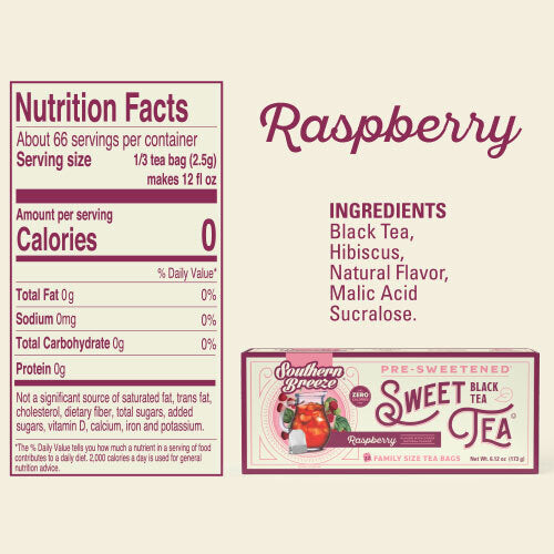 Nutrition facts and ingredients label for Southern Breeze Raspberry Sweet Tea on a beige background.