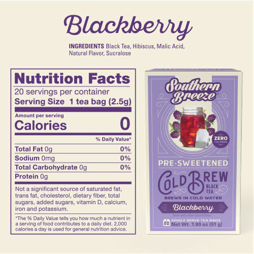 Southern Breeze Blackberry Iced Tea nutritional label and ingredient statement