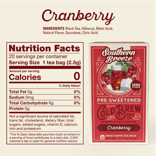 Southern Breeze Cranberry Iced Tea nutritional label and ingredient statement