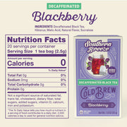 Decaffeinated blackberry tea package with nutrition facts on a light beige background