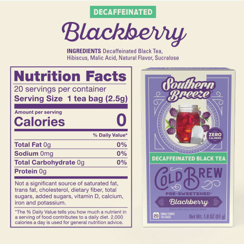 Decaffeinated blackberry tea package with nutrition facts on a light beige background