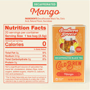 Nutrition facts label and packaging of Southern Breeze Decaffeinated Mango Cold Brew tea.