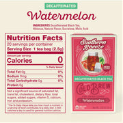 Decaffeinated watermelon tea package with nutrition facts on a beige background
