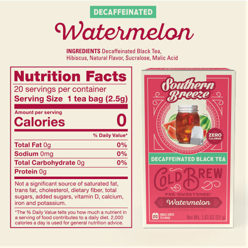 Decaffeinated watermelon tea package with nutrition facts on a beige background