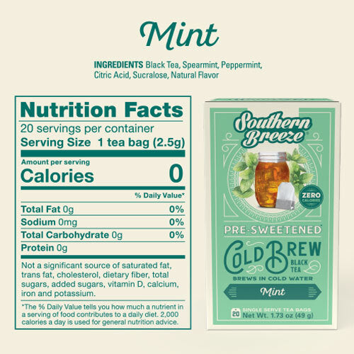 Nutrition facts label and packaging of Southern Breeze Mint pre-sweetened cold brew black tea.