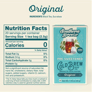 Southern Breeze pre-sweetened cold brew black tea packaging with nutrition facts label on a beige background