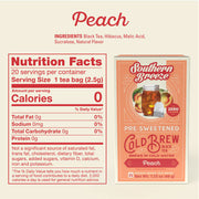 Nutrition facts label and packaging of Southern Breeze Peach pre-sweetened cold brew black tea.