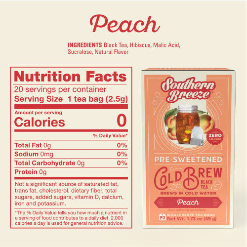 Nutrition facts label and packaging of Southern Breeze Peach pre-sweetened cold brew black tea.