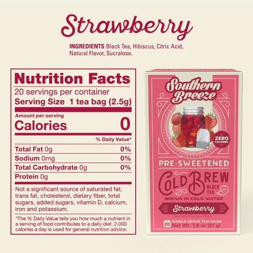 Southern Breeze Strawberry pre-sweetened cold brew tea package with nutrition facts on a beige background