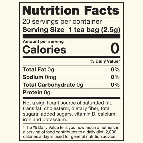 nutrition facts 20 servings per container with one tea bag as serving size. zero calories per serving